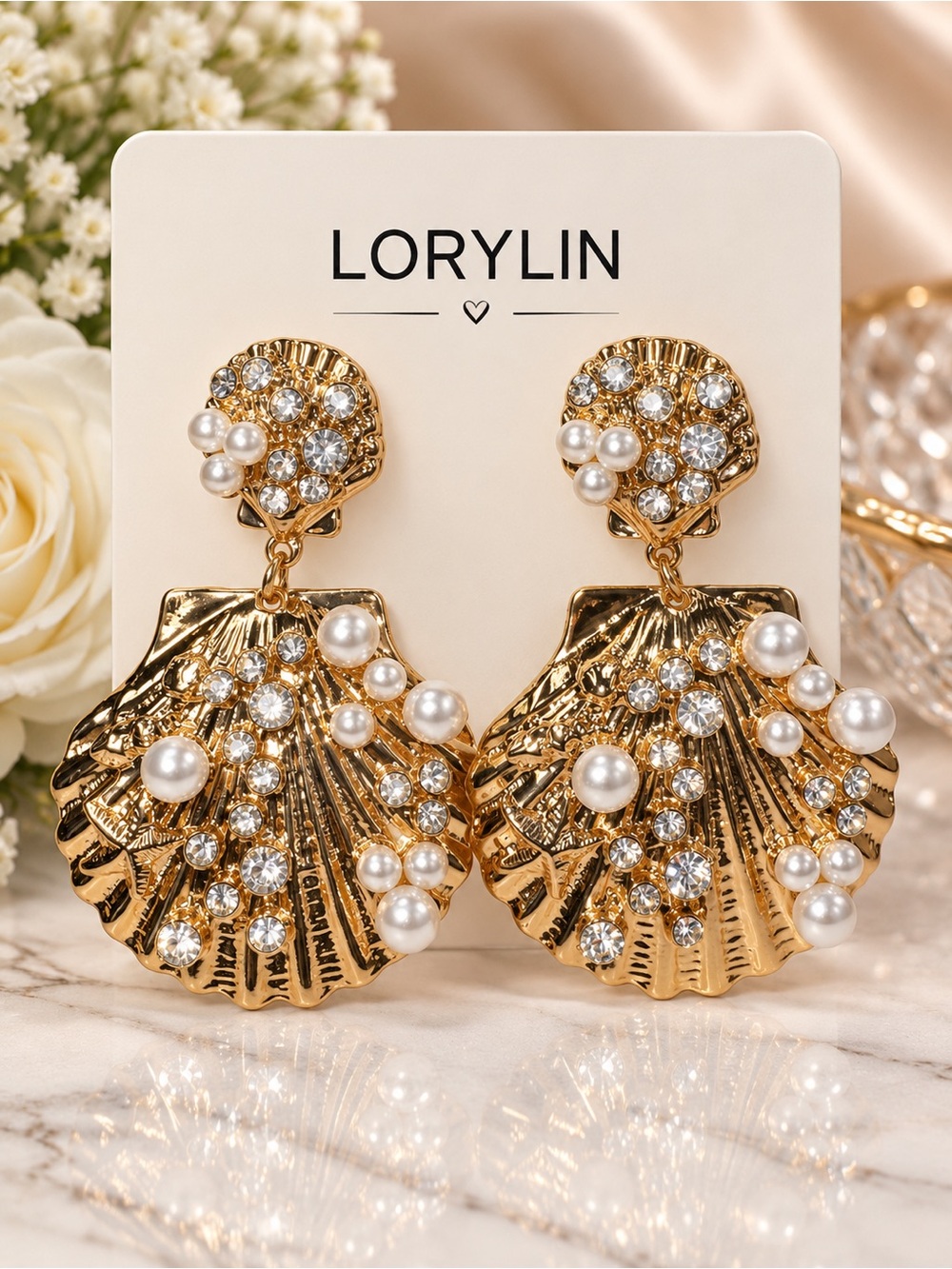Lorylin Gold Pearl & Crystal Shell Drop Earrings